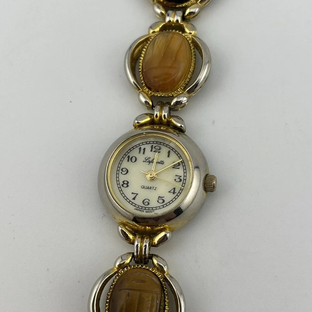 Vtg Lafayette Scarab Watch Women 21mm Gold Tone MOP Dial 7